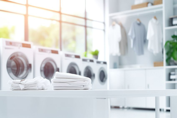 A row of dryer and washer appliances with folded towels and clothes in a blurred background